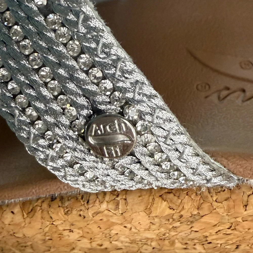 Skechers Silver Rhinestone Slide Wedge Sandals Cork Heel - Picture 10 of 12